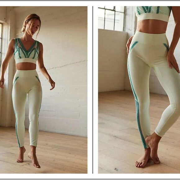 NWT FREE PEOPLE Desert Renegade Leggings Embroider Aqua Glass Mint Green - Picture 1 of 7